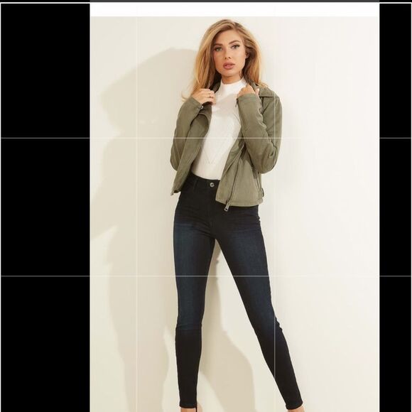 GUESS Suede Olive Army Or Hunter Green Adelaide Moto Jacket - Picture 3 of 4